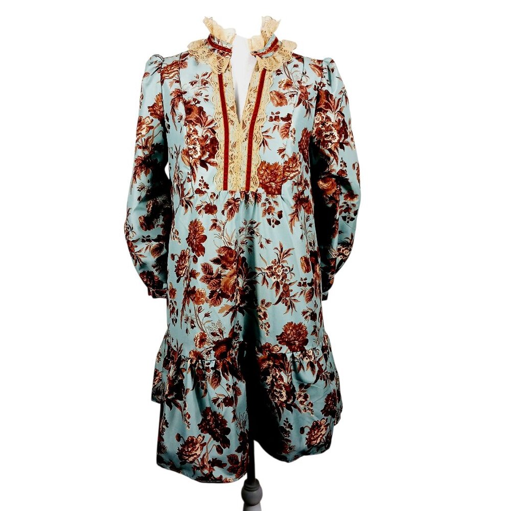 Tuckernuck Blue Floral Puff-Sleeve Ruffled Dress with Brown Print